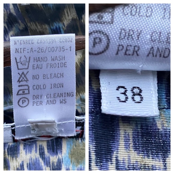 Vintage Rodier Silk Cropped Blouse Top Ikat Print Blue  Olive Size Small 38 - Picture 6 of 9